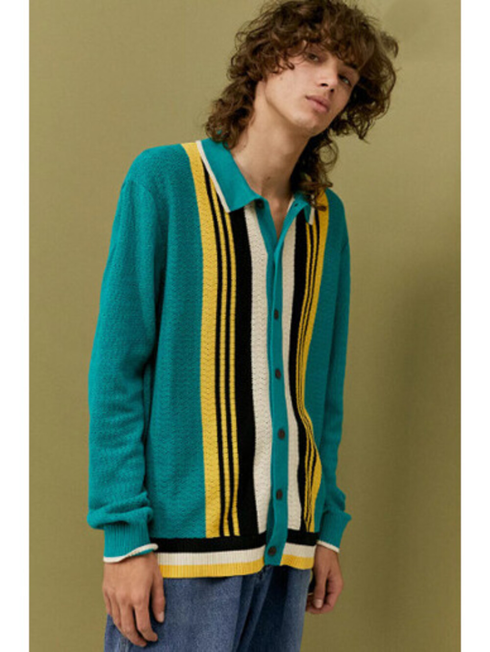 Urban Outfitters Men's M Teal Knit Polo Cardigan 100% Cotton Retro Stripe